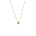 Detailed shot of a gold titanium steel necklace with a round light blue zircon pendant - Gold - March (Light Blue)