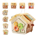 Multifunctional wooden activity house toy with gears, clock, and shape sorter for kids - Activity House Yellow