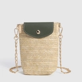 Straw cell phone crossbody bag with dark green leather flap and gold chain strap - Cream-Green