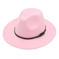 Detail of pink wool fedora hat featuring a thin black leather belt and silver metal buckle - M(56-58cm) / Pink
