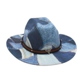 Western cowboy fedora with blue denim patchwork print and bull head leather band - One Size / Light Blue (Denim Bull Skull)