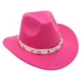 Detailed view of hot pink felt cowboy hat with pearl and silver stud embellished band - Rose Red
