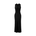 Dettaglio dell'elegante abito lungo nero senza maniche con increspature e silhouette slim fit - S / Nero