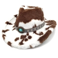Western cow print plush cowboy hat with turquoise buckle and geometric embroidery band - M (56-58cm) / Heart Crown Coffee