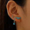 Three-piece gold earring set featuring blue floral ear climbers and hoop with drop pendant - Blue Gemstone Gold Style (3783)