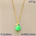 Golden stainless steel necklace featuring a vibrant green enamel apple fruit pendant - Large Green Apple (KN292108-Z)