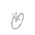 Anillo ajustable de plata S925 con diseño de doble cruz y circonitas para mujer - Abierto Ajustable / Plata de Ley S925 (Plata)