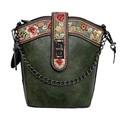 Vintage dunkelgrüne Beuteltasche mit feiner Blumenstickerei und edler Metallkette - Grün