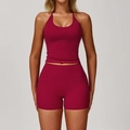 Women's two-piece yoga set with halter neck top and high-waist shorts in deep berry red - S / Raspberry Red (Top+Shorts)