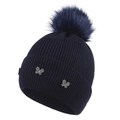 Winter-Strickmütze in Dunkelblau mit Kunstpelz-Bommel und dekorativen Kristall-Schmetterlingen - Marineblau