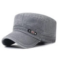 Distressed dark grey washed cotton flat top military cap with DINGHAN metal plate detail - Adjustable / Gray
