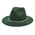 Close-up of dark green wool jazz fedora hat featuring a stylish gold metal decorative band - Dark Green