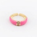 Detail of pink enamel adjustable gold ring with two rows of micro-pave zircons - Adjustable Open / Rose Red