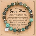 Beaded stone bracelet with heart charm and green tones on Mother-Daughter gift card - African Pine + Dear Mom Card