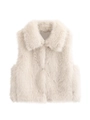 Detailed close-up of fluffy cream faux fur vest showing soft fiber texture and collar - XS / Milky White