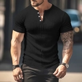 T-shirt Henley da uomo nera a maniche corte con trama a costine verticali e colletto a tre bottoni - S / Tops / Nero