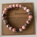 Pink zebra jasper beaded bracelet with silver heart charm on brown gift card - Pink Gray Spiral Spacer Style