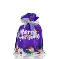 Purple Merry Christmas drawstring gift bag with snowman and Santa patterns and a white bow - Small / Dreamy Purple