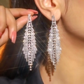 Elegant geometric rhombus drop earrings with sparkling crystals and silver fringe tassels - Silver Inverted Triangle Tassel Earrings