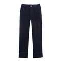 Pantalon en jean bleu foncé évasé pour femme avec boutons en métal sur fond blanc - XS / Pantalon Bleu Foncé