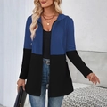 Detail of blue and black color block hoodie jacket with metal zipper and drawstrings - S / Blue