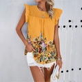 Sleeveless floral print round neck blouse in yellow with ruffle trim for casual women's style - S / Yellow