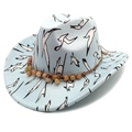Detail of light blue cowboy hat with bird print and brown braided bead band - M (56-58cm) / Pinch Front Blue