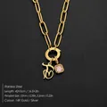 14K gold plated stainless steel initial necklace with square pink gemstone pendant - Letter J (XNL0097)