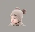 Beige winter knit hat and scarf set for toddlers with fluffy pom-poms and ear protection - Squinting Set Khaki (2 Months - 2 Years)