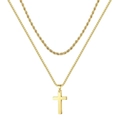 Conjunto de collares dorados de doble capa con cadena de cuerda y colgante de cruz - Oro multicapa