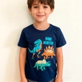 T-shirt per bambini in cotone blu navy con stampe di dinosauri e testo Dino Hunter - Blu scuro / 3T