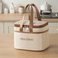 Borsa termica beige con tasca laterale a rete e robusti manici per il pranzo - Medio Beige