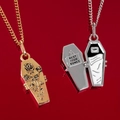 Gothic 18K gold and silver coffin pendant necklace with rose and skeleton details - Gold