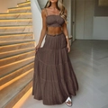 Brown two-piece set featuring a ruched tube crop top and layered tiered maxi skirt - Brown