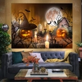 Detail of Halloween tapestry with jack-o'-lantern, bats, and moon over a modern sofa - WSJ008-Full Moon Pumpkin