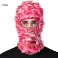 Pink knit balaclava mask with distressed fuzzy texture for winter party streetwear - One Size / Pink