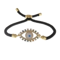 Adjustable black cord bracelet with evil eye charm featuring colorful zircon and gold trim - Thick Braided Drawstring / Black Milan Rope