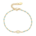 Gold stainless steel chain bracelet with blue evil eye pendant and beaded accents - Evil Eye - Light Blue Beads