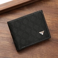 Men's black bifold wallet with diamond lattice texture and triangle metal logo - Black