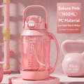 Pink 1900ml sports water bottle with straw and handle shown against gym equipment - Dusty Pink PC Version