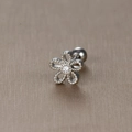 Silver stainless steel five-petal flower ear stud with micro-set zircon stone inlay - Hollow Beaded Flower / Silver