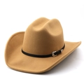 Khaki western cowboy wool hat featuring a black leather band and silver buckle accents - M(56-58CM) Adjustable / Camel
