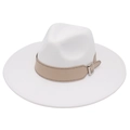 Detail of white wool fedora hat featuring a tan leather belt band with a silver buckle - White