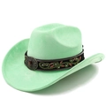 Detail of mint green suede cowboy hat featuring embroidered floral band and vintage gem buckle - M (56-58cm) / Fruit Green