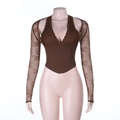 Detail view of brown lace corset top showing intricate fabric texture and slim fit design - S / Brown
