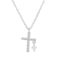 Silver dual cross necklace with sparkling pavé crystals and small solid cross charm - Silver (K-711)