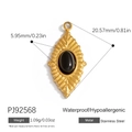 Golden stainless steel pendant with black oval natural stone and leaf vein texture - Black Oval Leaf Vein Pendant (PJ92568)