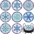 DIY diamond painting coaster set with 8 snowflake designs and black metal holder - Blue Purple Cyan Snowflakes Style (BD997) / 8 Pieces/Pack (With Metal Holder)