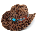 Leopard print western cowboy hat with floral embroidery and turquoise stone accent - M (56-58cm) / Dark Brown Straight Crown