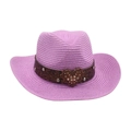 Purple woven cowboy hat with wide brim and decorative rhinestone heart buckle - Purple